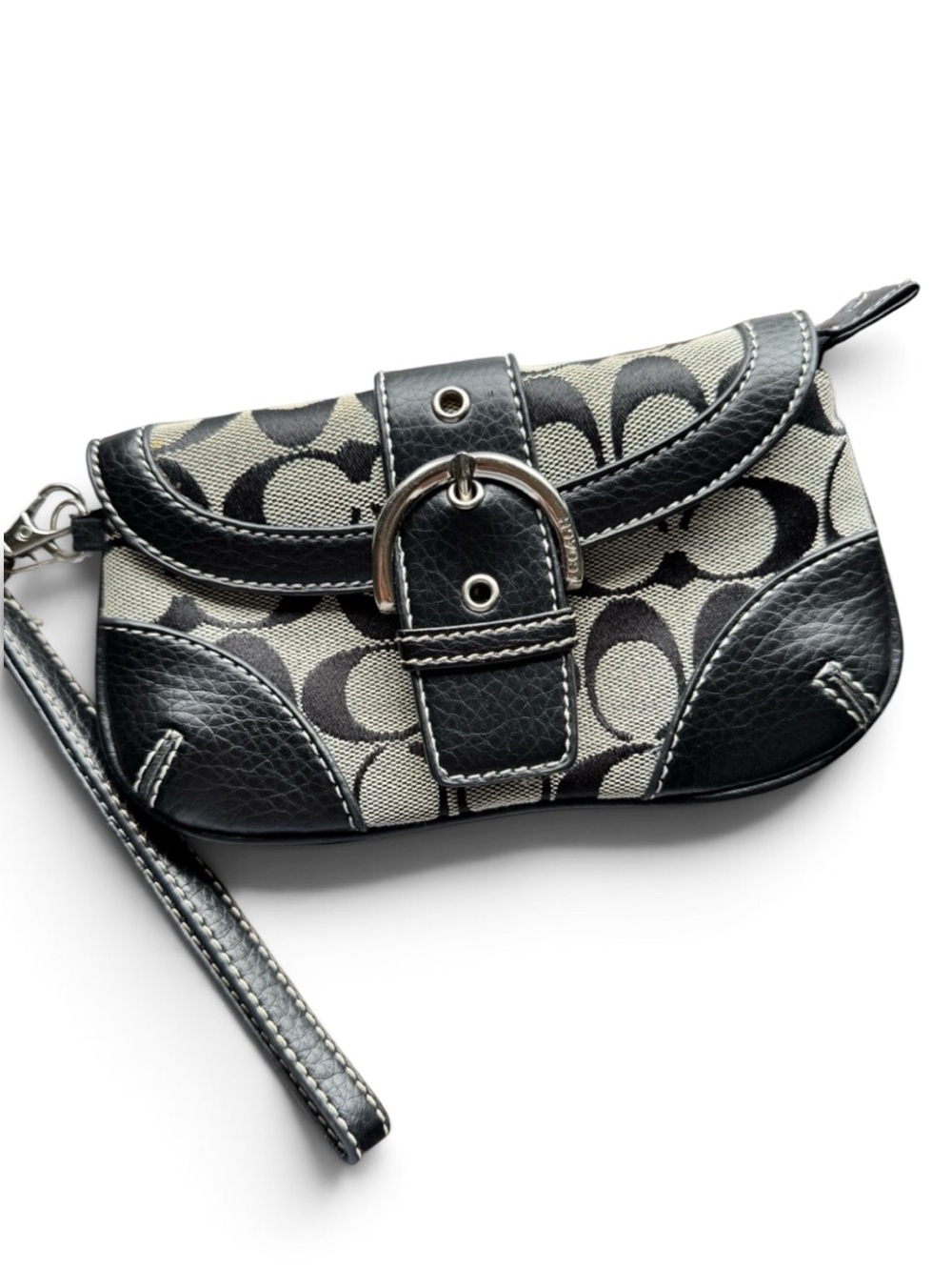 Coach Black and Cream Signature Canvas Wristlet Clutch